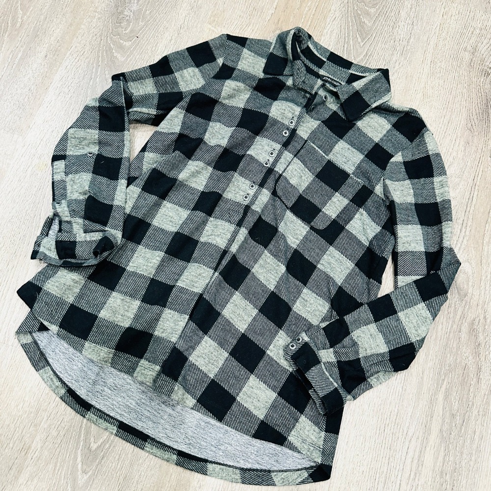 John Mark‎ Shirt Womens Medium Buffalo Plaid Tunic Top Gray Black Checkered Knit